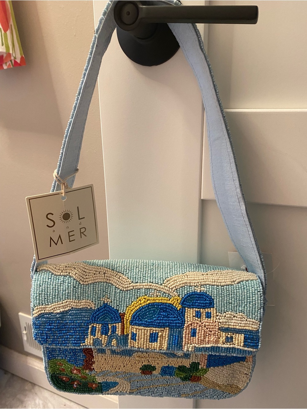 Sol and Mer Light Blue Beaded Crossbody Bag with Mediterranean Scene
